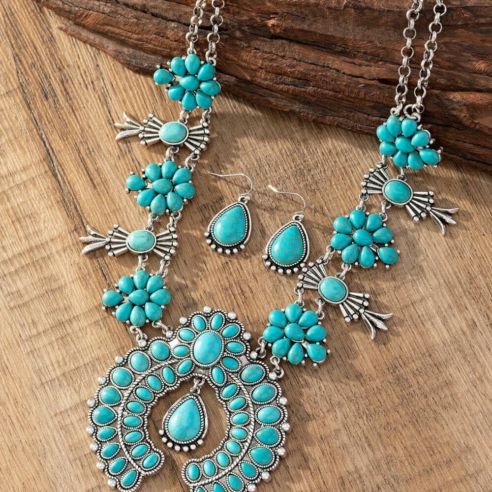 Blue Boho Women's faux Turquoise Pendant Necklace & Drop Earrings